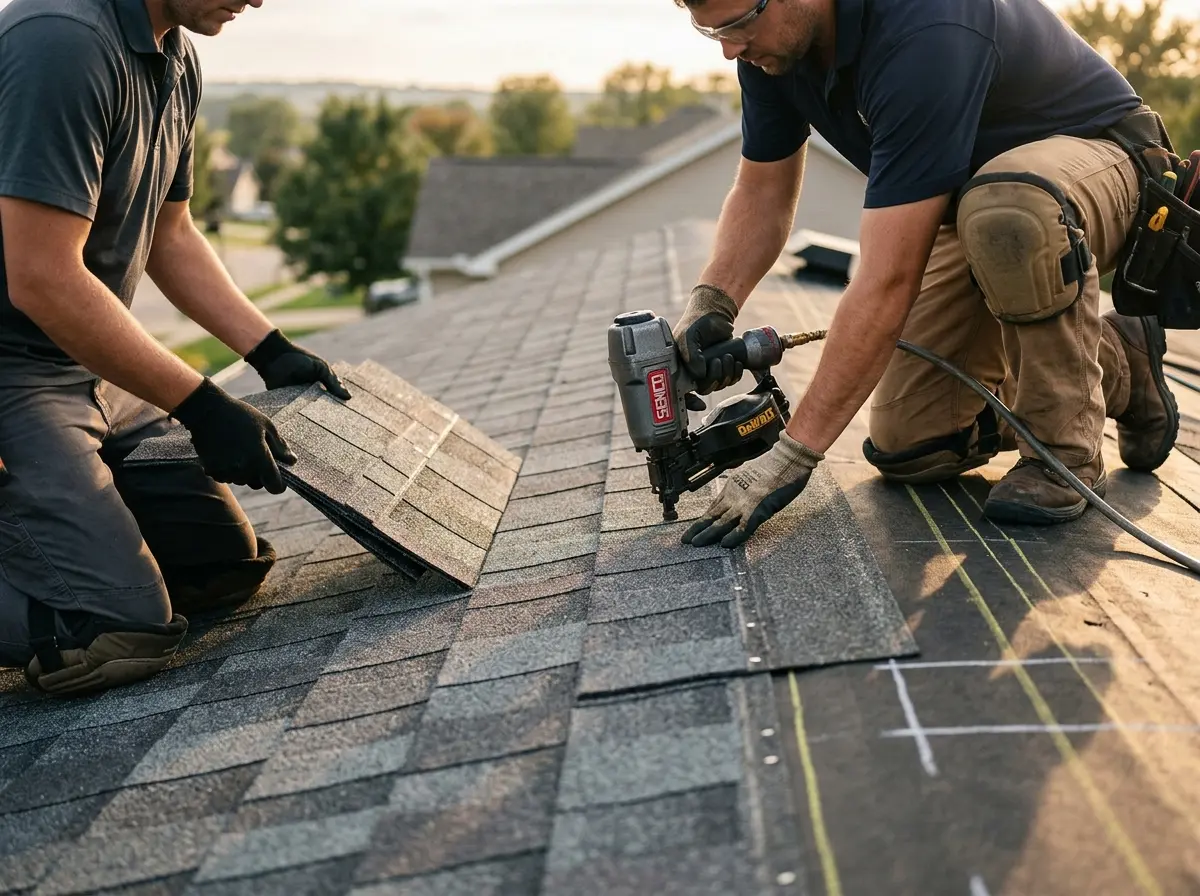Professional roofer working on a residential roof in Rhinebeck